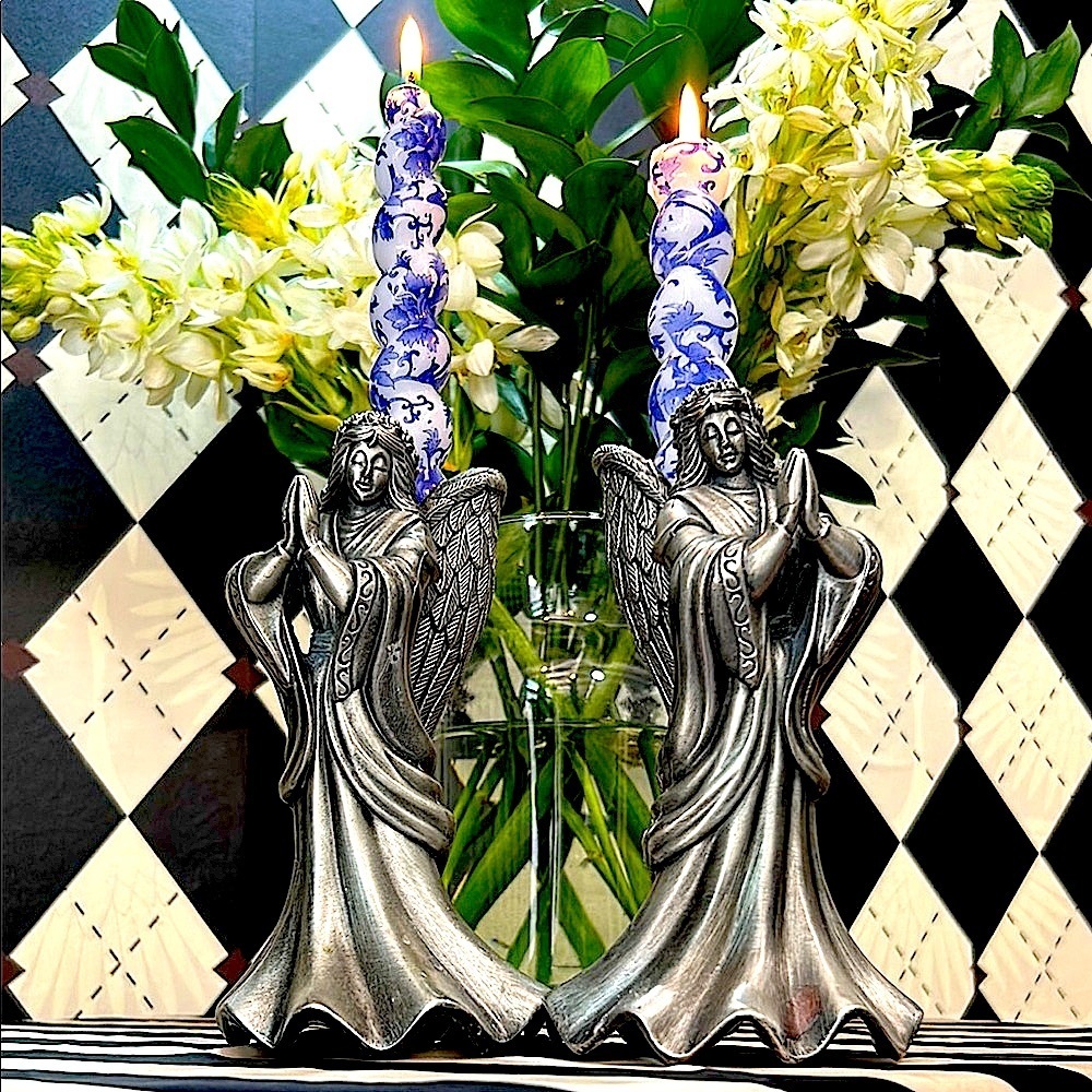 Vintage Pewter Angels Candle Holder Set – Double as Bookends – Unique & Gorgeous